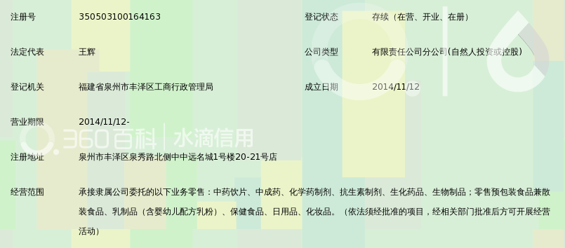 福建康佰家大药房连锁有限公司泉州中远名城分